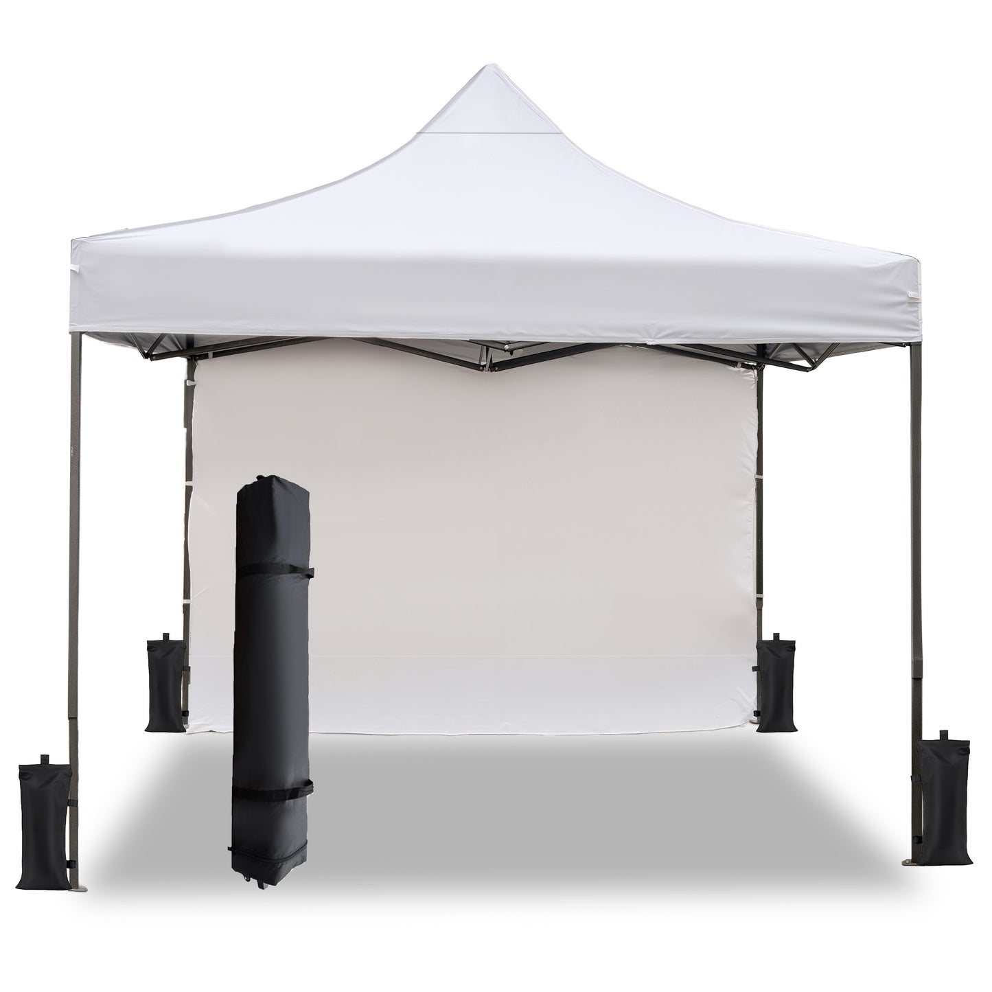 10x10 Pop Up Canopy Tent w/ 1 Sidewall, Black Speckled Steel Frame, White Silver-Coated Top UPF50+ Water-Resistant, 4 Adjustable Heights (6.7-7.6 ft ), Includes Sandbags Stakes Ropes Carry Bag for Bea