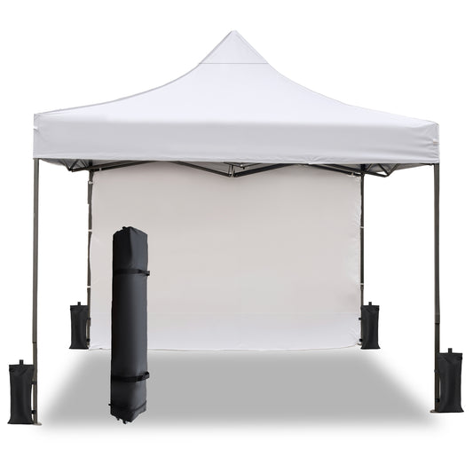 10x10 Pop Up Canopy Tent w/ 1 Sidewall, Black Speckled Steel Frame, White Silver-Coated Top UPF50+ Water-Resistant, 4 Adjustable Heights (6.7-7.6 ft ), Includes Sandbags Stakes Ropes Carry Bag for Bea