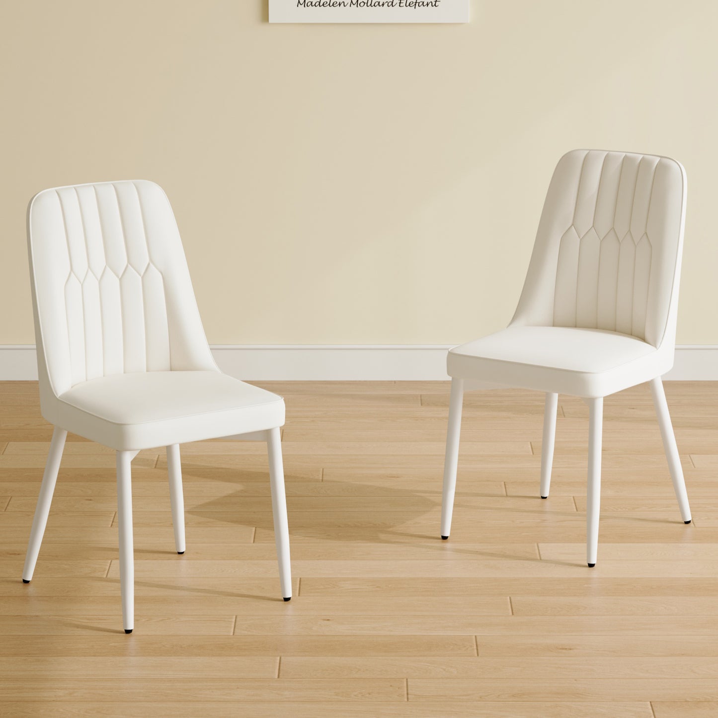 White dining chairs and living room chairs. Metal legs provide strong support, suitable for kitchens, living rooms, and restaurants.
