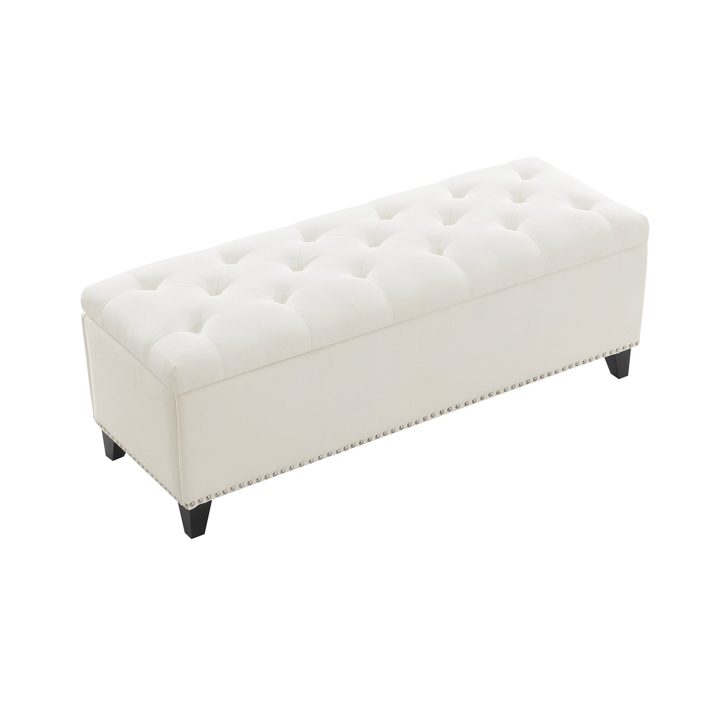 Beige Linen Button-Tufted Storage Ottoman with Safety Close Hinge, 47.5' x 16.5' x 16.25', Plywood Frame, High-Density Foam Cushion