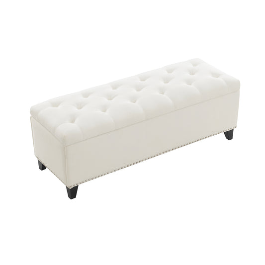 Beige Linen Button-Tufted Storage Ottoman with Safety Close Hinge, 47.5' x 16.5' x 16.25', Plywood Frame, High-Density Foam Cushion