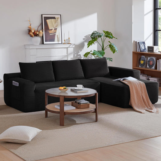 NEW 96.9' Cloud Sectional Couch with L-Shape Chaise,Modern Modular Sofa with Deep Seat, Upholstered Couches for Living Room Bedroom,No Assembly Required, (Corduroy Fabric),Black,Right