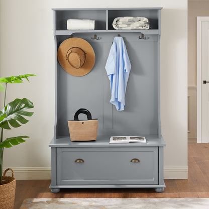 Modern Classic Hall Tree with Shoe Rack Bench and Coat Hooks for Hanging Storage, Entryway Bench with Open Shelves and Shoe Cabinets 40.16'W*18.58'D*64.17'H GRAY