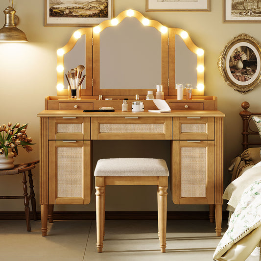 44.37 ' Makeup Vanity Desk with 13 Hollywood Bulbs and 3 Lighting Modes, Dressing Table with Tri-Fold Mirror   Large Vanity Table with 5 Drawers and Shelves and  Charging Station for Bedroom, Natural