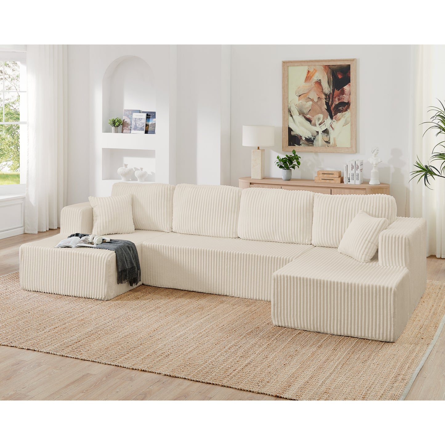 U shape Modular Sectional Sofa, Compressed Sectional Sofa Modern Minimalist Style Corduroy Couch, Sleeper Sofa for Living Room, Bedroom, Comfy Compressed Sofa Couch Space-Efficient Design-beige