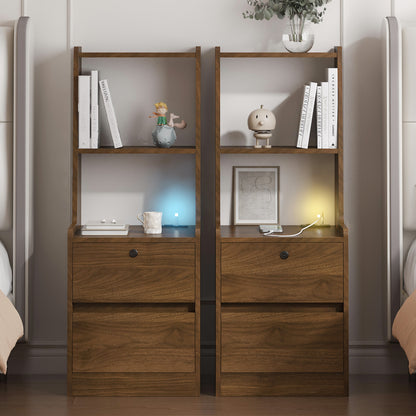 Nightstands Set of 2, with Charging Station, Smart Nightstand with Night Light, Modern Night Stand with Bookshelf, Bedside Tables with Storage Cabinet for Bedroom, Wood