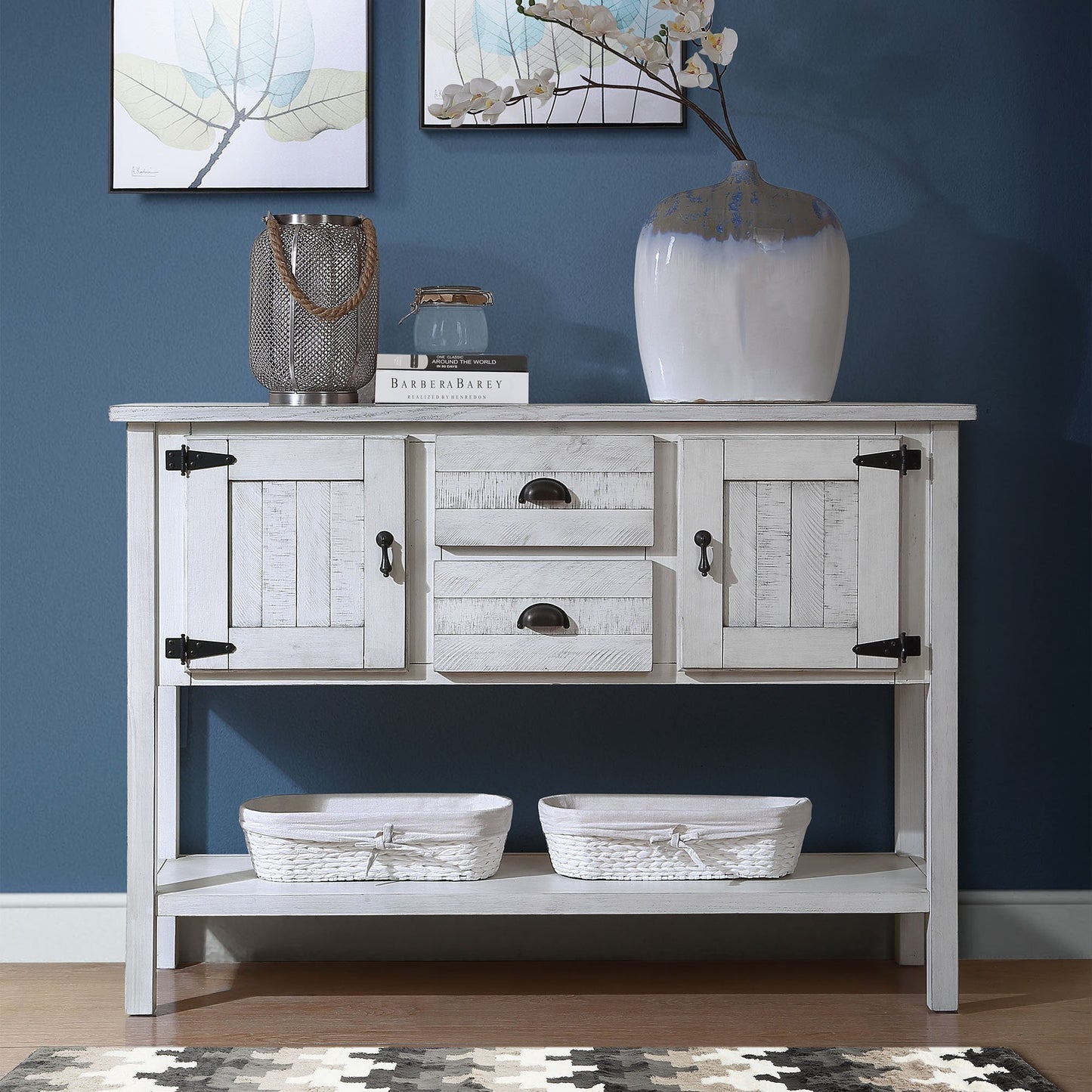 46'' Solid Wood Sideboard Console Table with 2 Drawers and Cabinets and Bottom Shelf, Retro Style Storage Dining Buffet Server Cabinet for Living Room Kitchen Dining Room (Antique White
