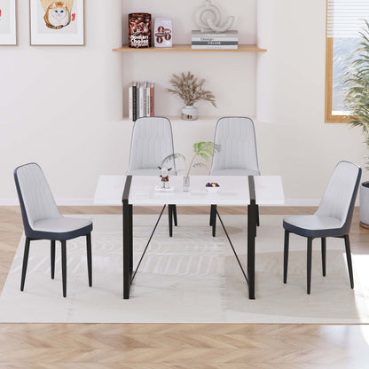 55 '4-person modern MDF dining table set, kitchen black metal leg dining table and chair set, industrial rectangular white tabletop and dining room thick padded PU dining chairs