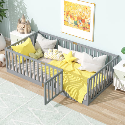 Twin Size Floor Bed with High Fence Railings, with Door, Rubber Wood Floor Bed with Safety Guardrails,Grey