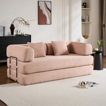 Convertible Sleeper Sofa Bed with Cylindrical Pillow, Corduroy Folding Mattress Couch with Fixed-Shape Frame, Floor Sofa Lounge Couch for Living Room Bedroom (Pink)