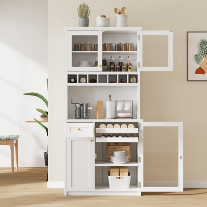 [Assembly Video Provided] TOPMAX Farmhouse 35.4x17.7x74.8inch Freestanding Buffet with Hutch, Tall Kitchen Pantry Storage Cabinet with Wine Rack and Adjustable Shelves for Dining Room, White
