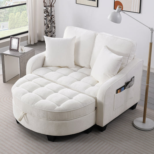 Two-seater sofa, double sofa chaise longue, with irregular armrests and backrests, footrest with storage space, comes with two small throw pillows, suitable for living room and bedroom - Beige