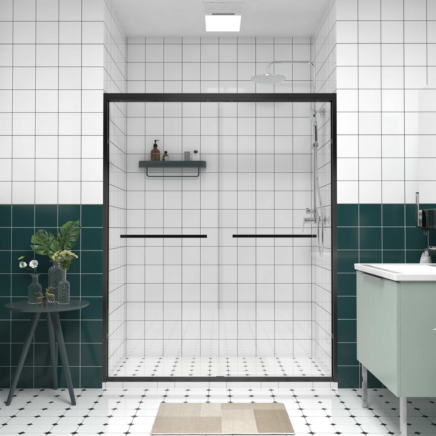 56-60'x74' Aluminum Frame Double Sliding Shower Door,Bypass Bathroom Sliding Door with Premium 1/4' (6mm) Clear Tempered Glass, Black Hardware Sliding Glass Shower Enclosure,Matte Black Finished