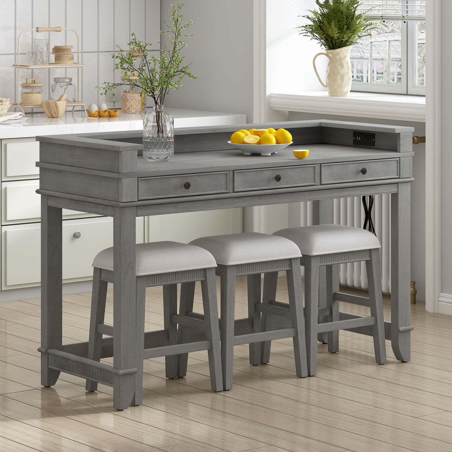 TREXM 4-Piece Dining Table Set for 3, Retro Kitchen Table and Chairs Set with 3 Storage Drawers, Ideal for Small Spaces (Light Grey)