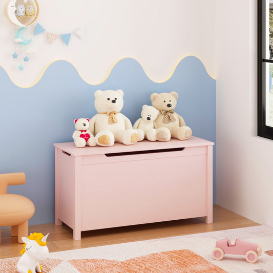 Kids Wooden Toy Box Storage with Safety Hinged Lid for Ages 2+ (Pink)