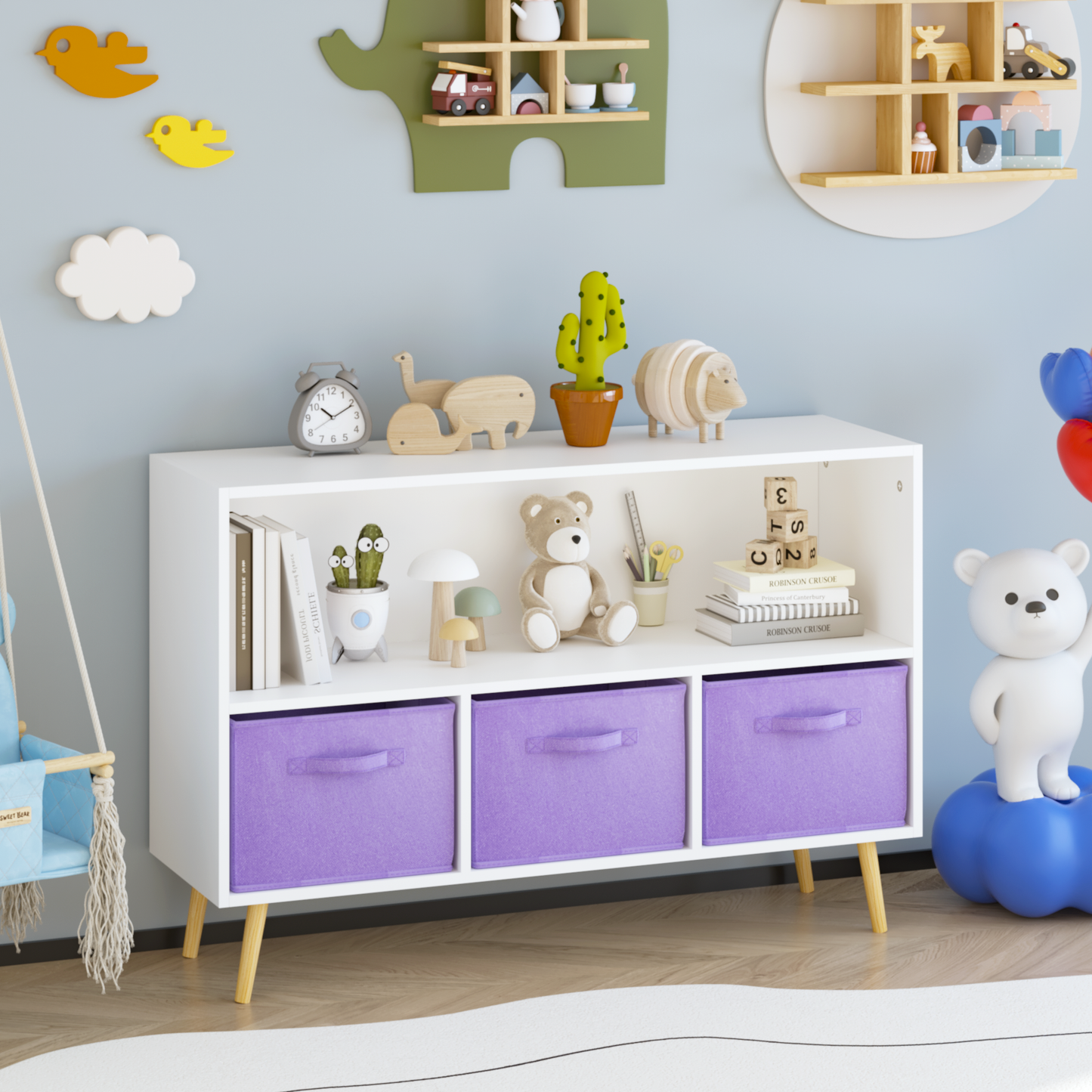 Kids bookcase with Collapsible Fabric Drawers, Children's Book Display, Toy Storage Cabinet Organizer, White/Purple