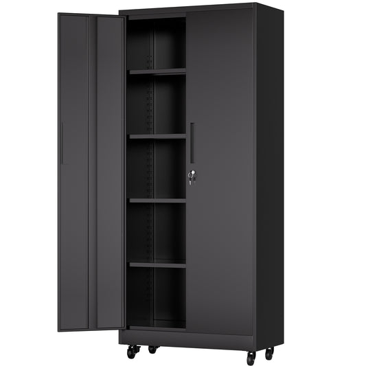 71'H Metal Garage Storage Cabinet with Wheels and Lock, Heavy Duty Rolling Metal Cabinet, 4 Adjustable Shelves (180lb Each), 3-Point Locking Security, for Tool Organization in Garage, Workshop, Office