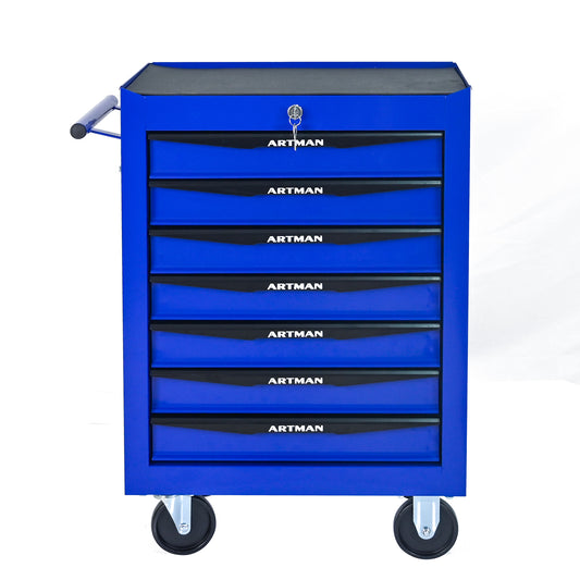 Rolling Metal Tool Chest with 7 Drawers, 20' Steel Storage Cabinet with Ball Bearing Slides, Black and Blue Finish