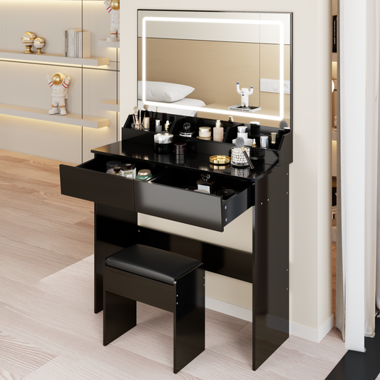 31' x 20' Extra Large LED Mirror Makeup Vanity Table + Soft Cushion Stool Suit, Touch Switch, 3 colors, Adjustable Brightness, Large Capacity Storage, Compact Dressing Table Suitable For Small Space