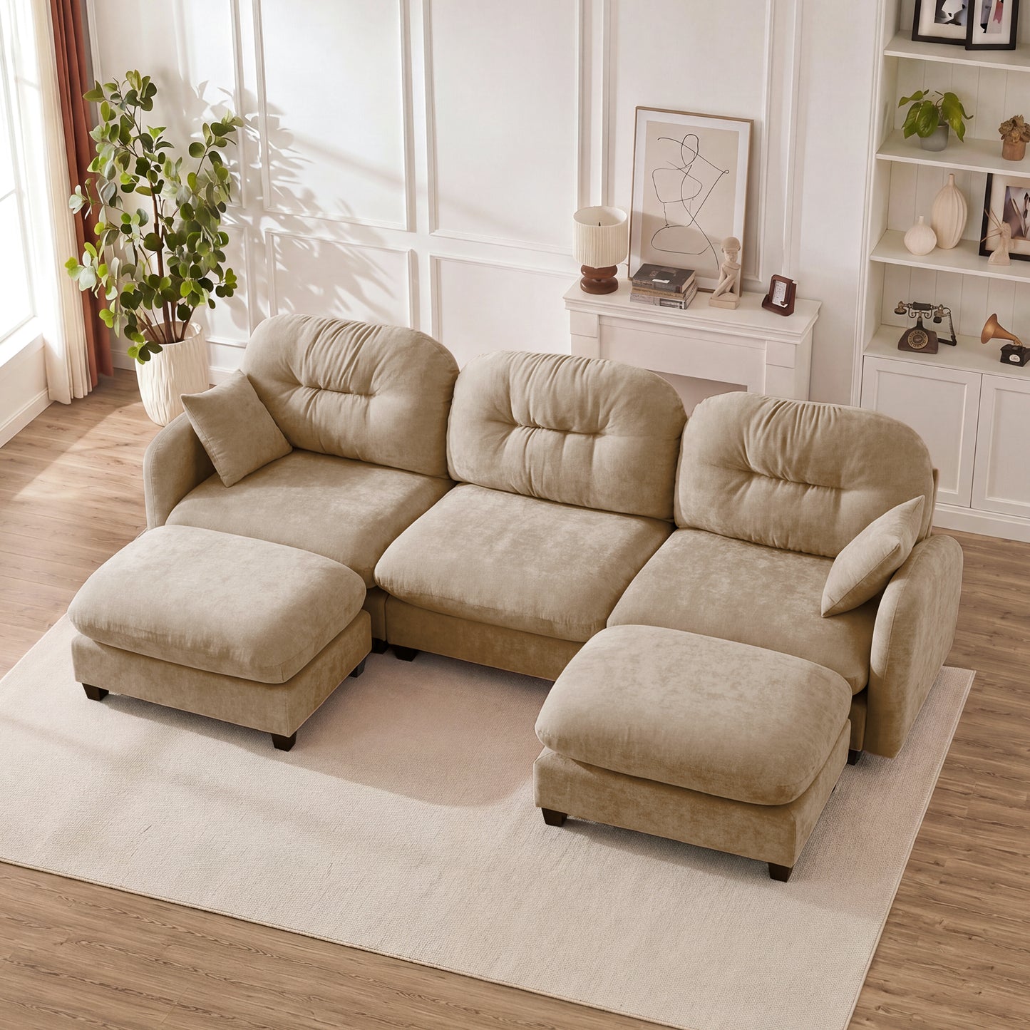 Modular Sectional U Shaped Couch With Ottoman,Premium Chenille Fabric,With 2 Throw Pillows,High-Density Foam Quilted Pleated Design,Easy Install,Fits Bedrooms,Reading Nooks,Camel