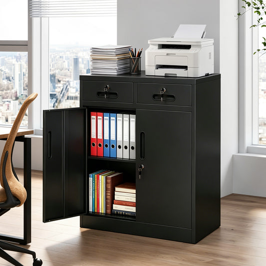 Metal Storage Cabinet with Lock and Two Drawers, 2-Door Office Storage Cabinet with 1 Adjustable Shelves, Heavy Duty Steel File Cabinet for Home, Office, Garage, School (Black, 35.5'H)