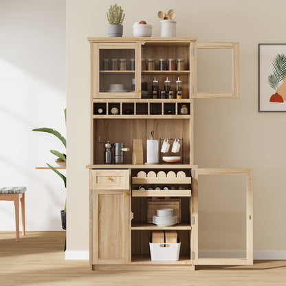 [Assembly Video Provided] TOPMAX Farmhouse 35.4x17.7x74.8inch Freestanding Buffet with Hutch, Tall Kitchen Pantry Storage Cabinet with Wine Rack and Adjustable Shelves for Dining Room, Natural