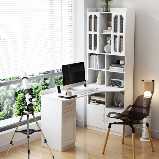 L-Shaped Corner Computer Desk  for Home Office or Study desk, Study Modern Style Table with Drawers, Bookshelf & Hutch, 2-in-1 L-Shaped Design, Large Working Space,white