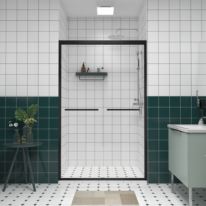 44-48'x76' Aluminum Frame Double Sliding Shower Door,Bypass Bathroom Sliding Door with Premium 1/4' (6mm) Clear Tempered Glass, Black Hardware Sliding Glass Shower Enclosure,Matte Black Finished