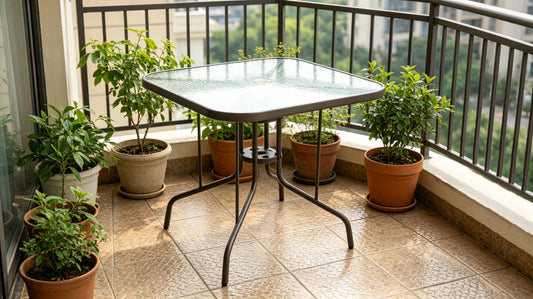 Tangkula 35 Inch Patio Dining Table with Tempered Glass Top, Square 4-Person Outdoor Bistro Table with 1.5' Umbrella Hole & Sturdy Metal Frame, Patio Dining Table for Backyard, Lawn, Deck & Poolside