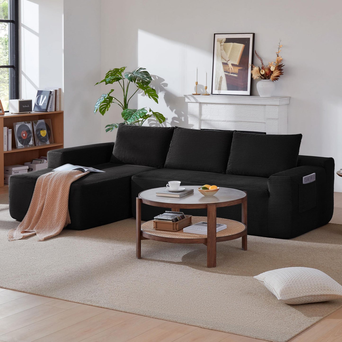 96.9' Cloud Sectional Couch with L-Shape Chaise,Modern Modular Sofa with Deep Seat, Upholstered Couches for Living Room Bedroom,No Assembly Required, (Corduroy Fabric),Black