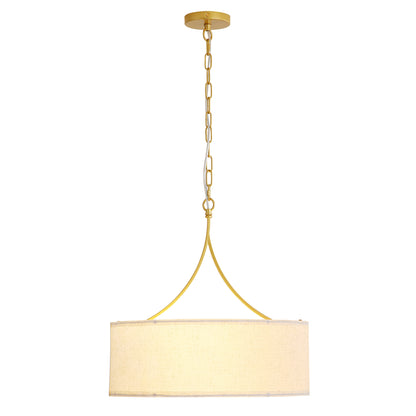 3-Light Gold Fabric Drum Pendant Light, Transitional Farmhouse Dining Room Chandelier Over Table, Adjustable Height Ceiling Light Fixture for Kitchen Island Living Room Entryway