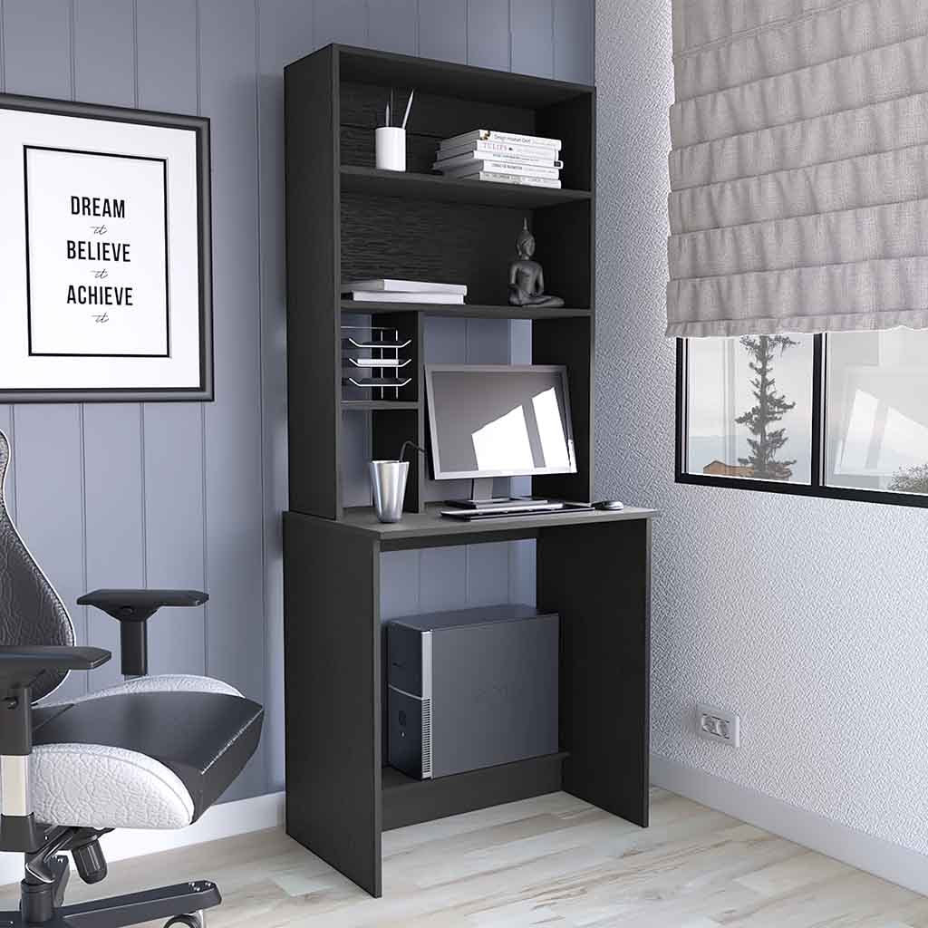 Computer Hutch Desk, Lower Shelf, Four Shelves, Black