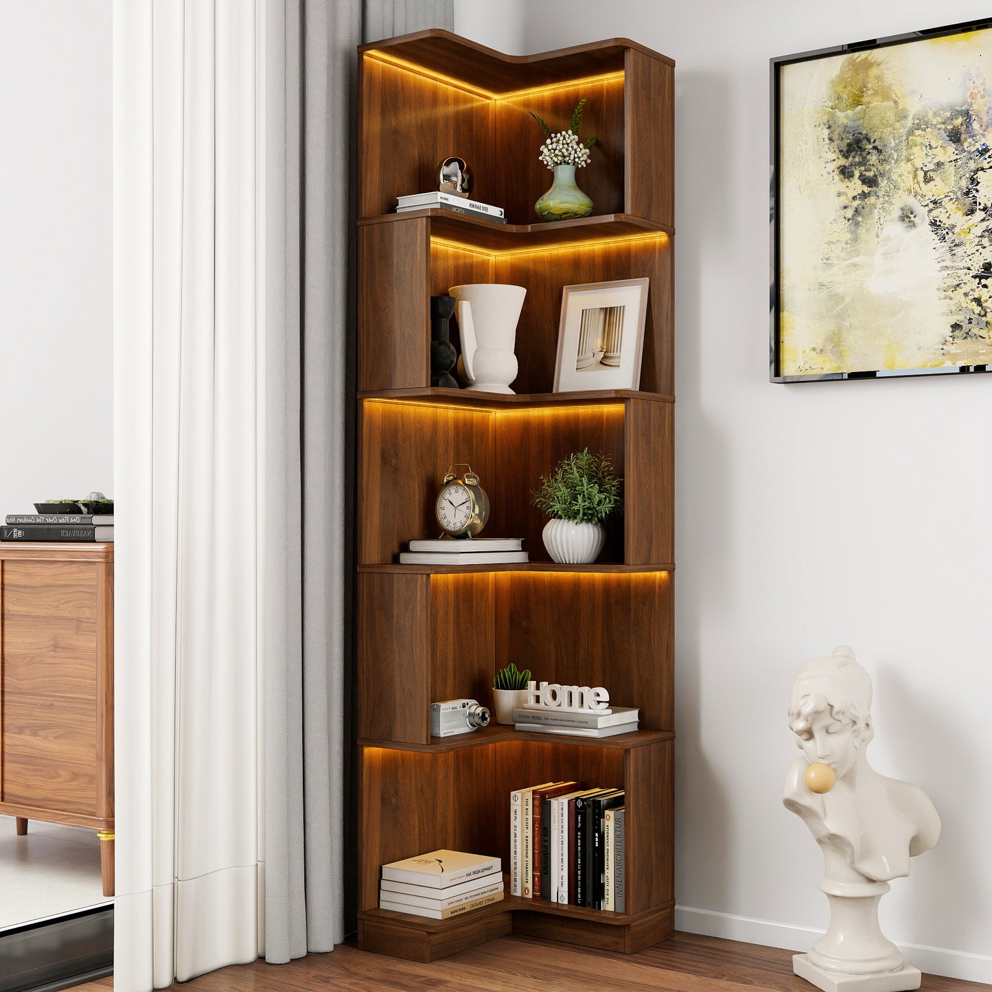 Corner Book Shelf - 5 Tier Corner Bookshelf  Bookcase with Baffle, Freestanding L Shaped Display Shelf Stand with led lights for Home Office, Living Room, Bedroom, Kitchen