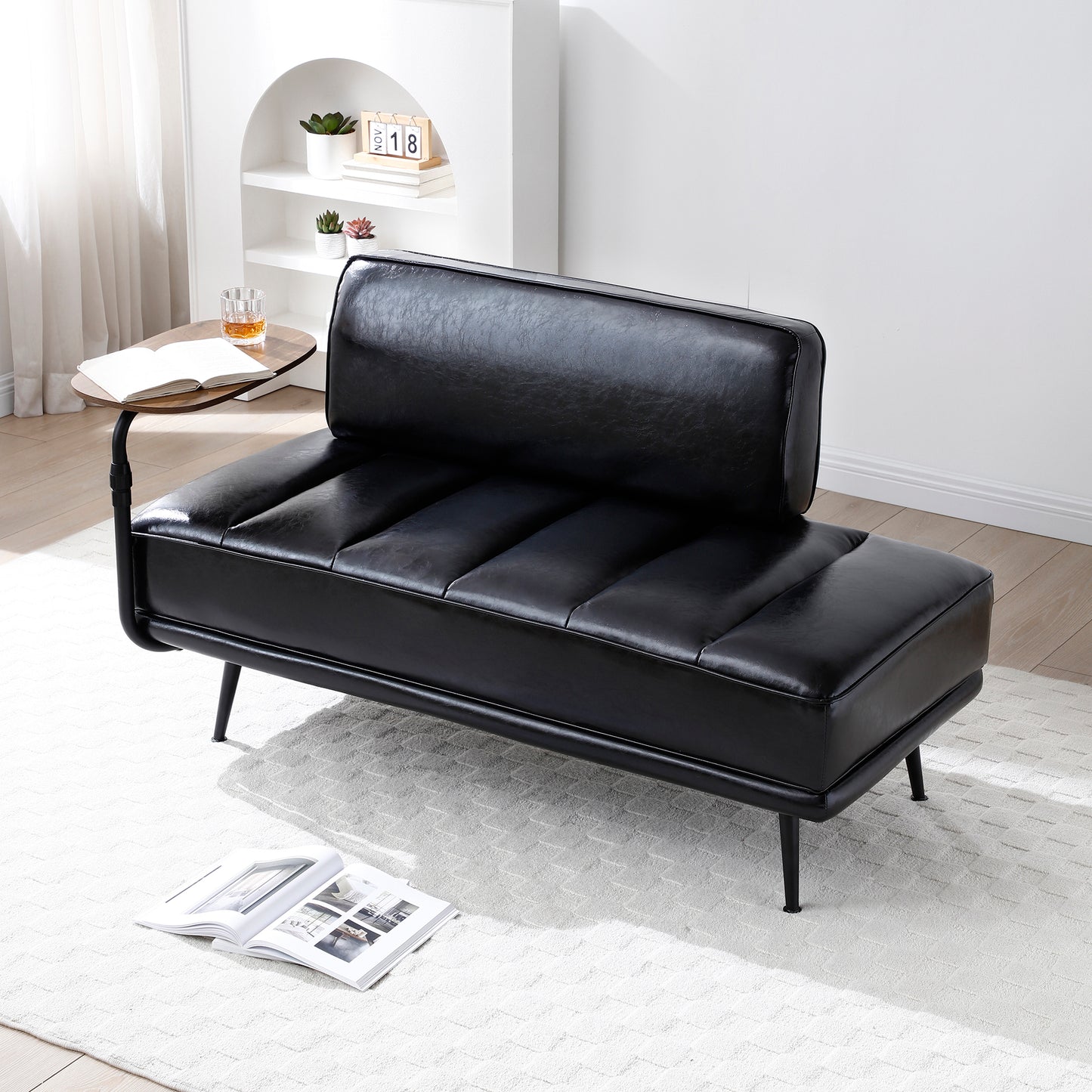 55'Inch Width Modern End of Bed Bench,Black Faux Leather Upholstered With side table, 360-degree Swivel tray couch,Entryway Ottoman,Window Bench with  Metal Legs for Bedroom, Living Room