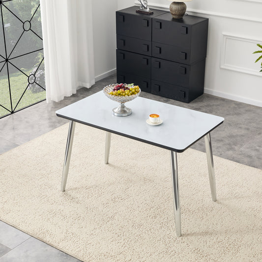 Modern minimalist rectangular dining table, suitable for 4-6 people. Tempered glass countertop+lower MDF board,imitation marble texture, silver metal tapered legs. Suitable for minimalist restaurants.