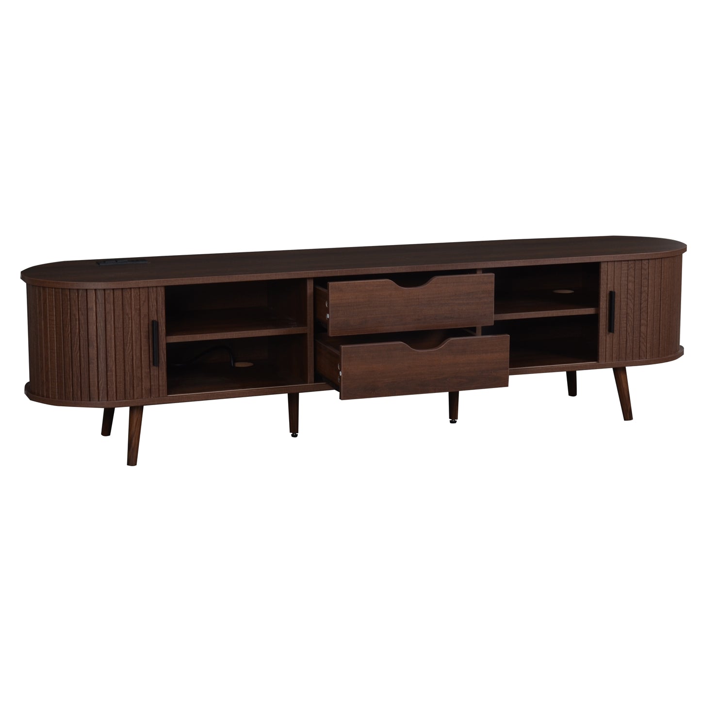 Mid Century Modern TV Stand for 70-Inch TV, Dark Brown MDF & Solid Wood Console with Tambour Doors, Drawers and Built-in Power Outlet