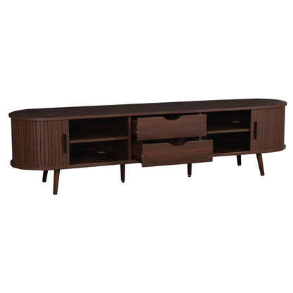 Mid Century Modern TV Stand for 70-Inch TV, Dark Brown MDF & Solid Wood Console with Tambour Doors, Drawers and Built-in Power Outlet