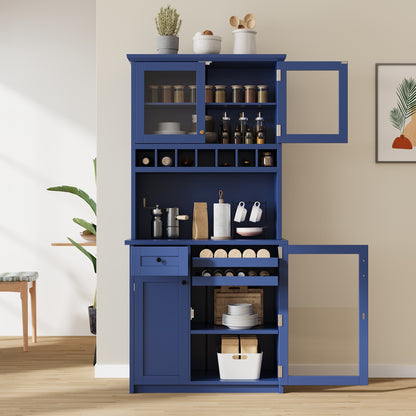 [Assembly Video Provided] TOPMAX Farmhouse 35.4x17.7x74.8inch Freestanding Buffet with Hutch, Tall Kitchen Pantry Storage Cabinet with Wine Rack and Adjustable Shelves for Dining Room, Blue