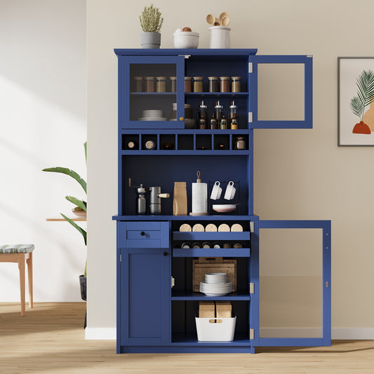 [Assembly Video Provided] TOPMAX Farmhouse 35.4x17.7x74.8inch Freestanding Buffet with Hutch, Tall Kitchen Pantry Storage Cabinet with Wine Rack and Adjustable Shelves for Dining Room, Blue