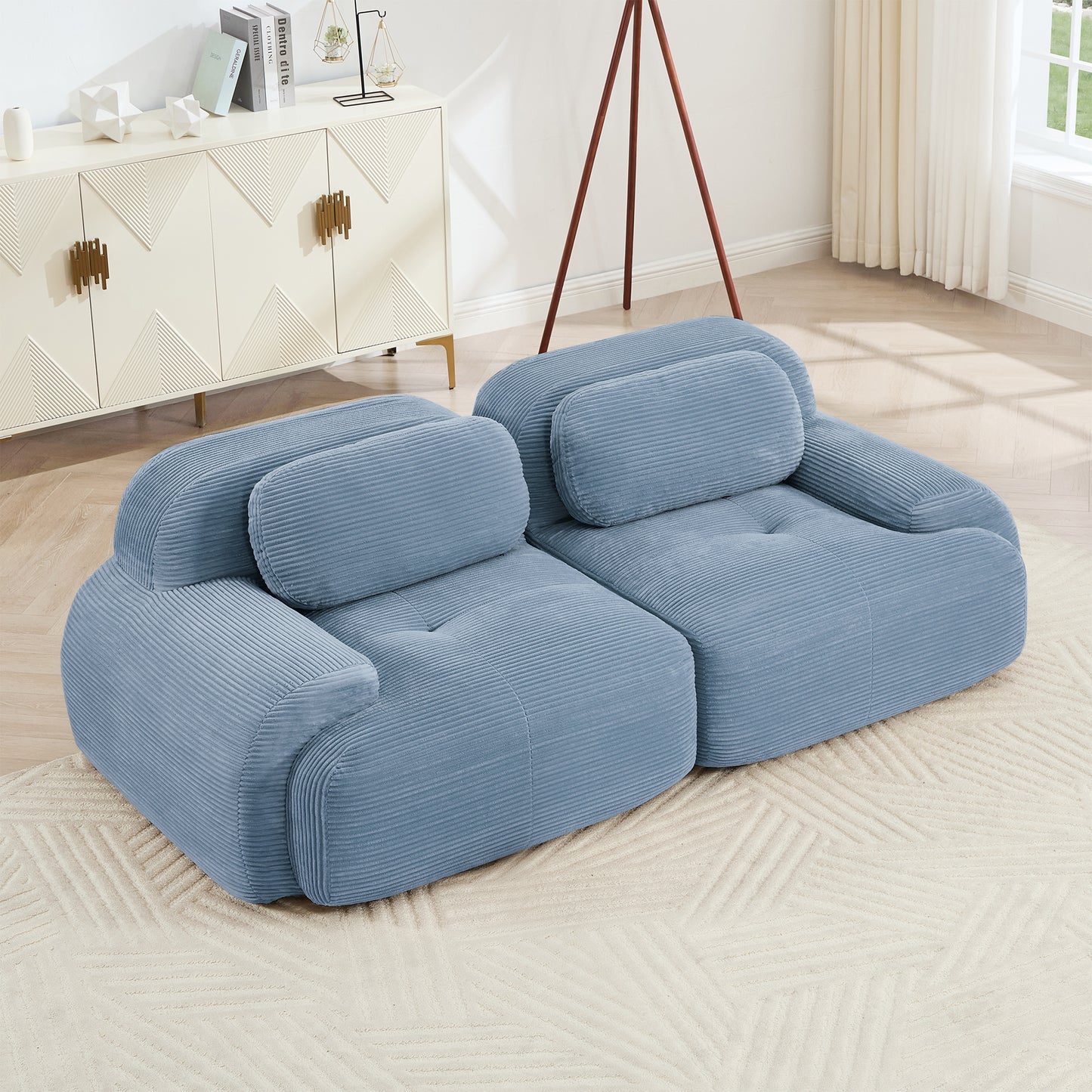 82'' loveseat sofa in luxuryCorduroy Fabric modular for free combo separation curved armrests ,anti-slip design high-resilience sponge fits living rooms bedrooms Audiovisual Room,Blue