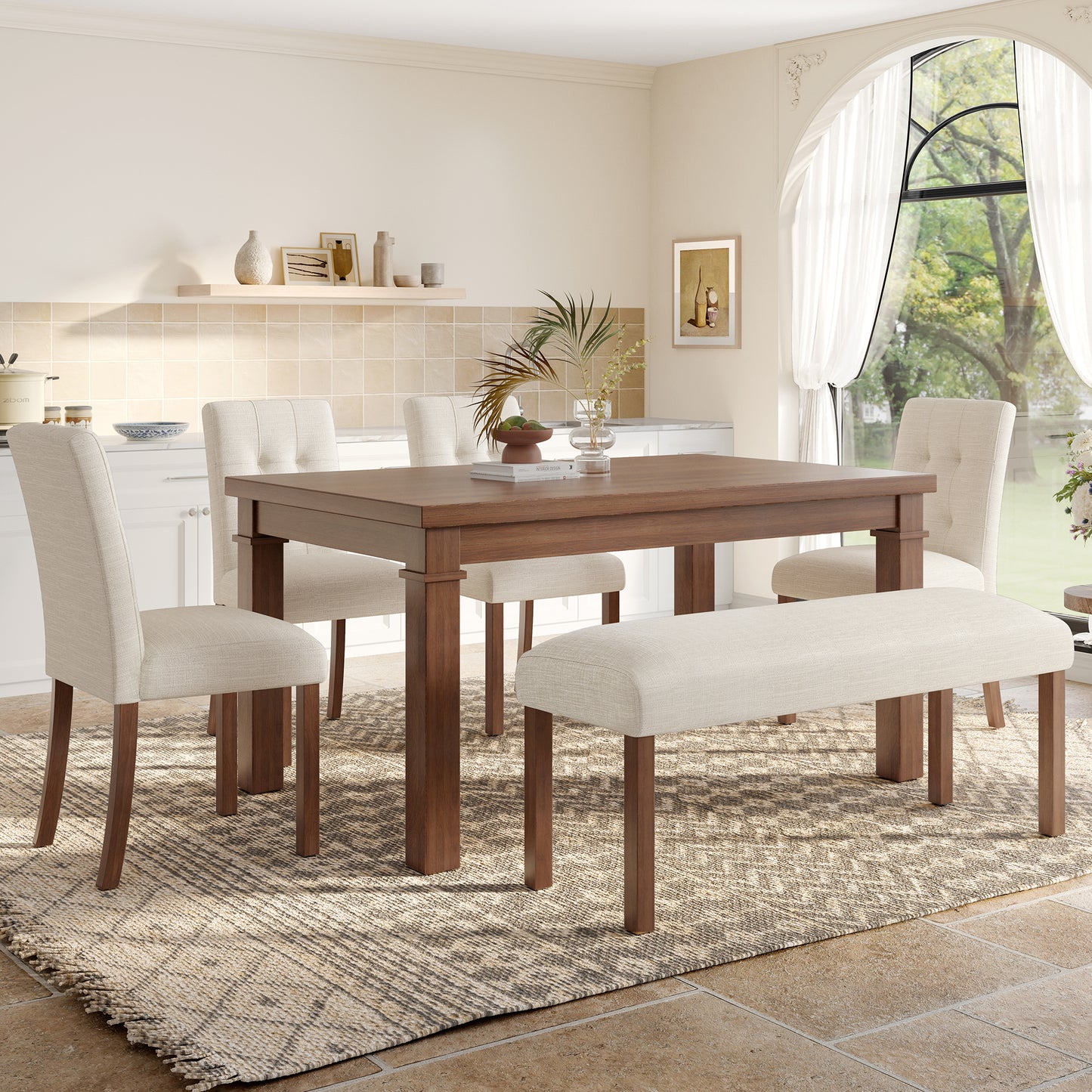 6-Piece Modern Dining Set, Rectangle Kitchen Table with 4 Upholstered Chairs & Bench, Ideal for Dining Room and Living Room, (Easy Assembly, Space Saving)