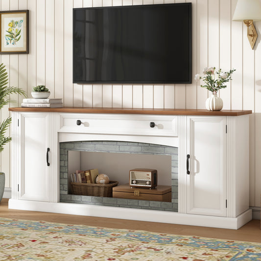 Elegant Walnut TV Stand with Gray Brick Accents for TVs Up to 70', Contemporary Sideboard with Drawer, Adjustable Shelves, Stylish Farmhouse TV Cabinet with Cable Management for Living Room, White
