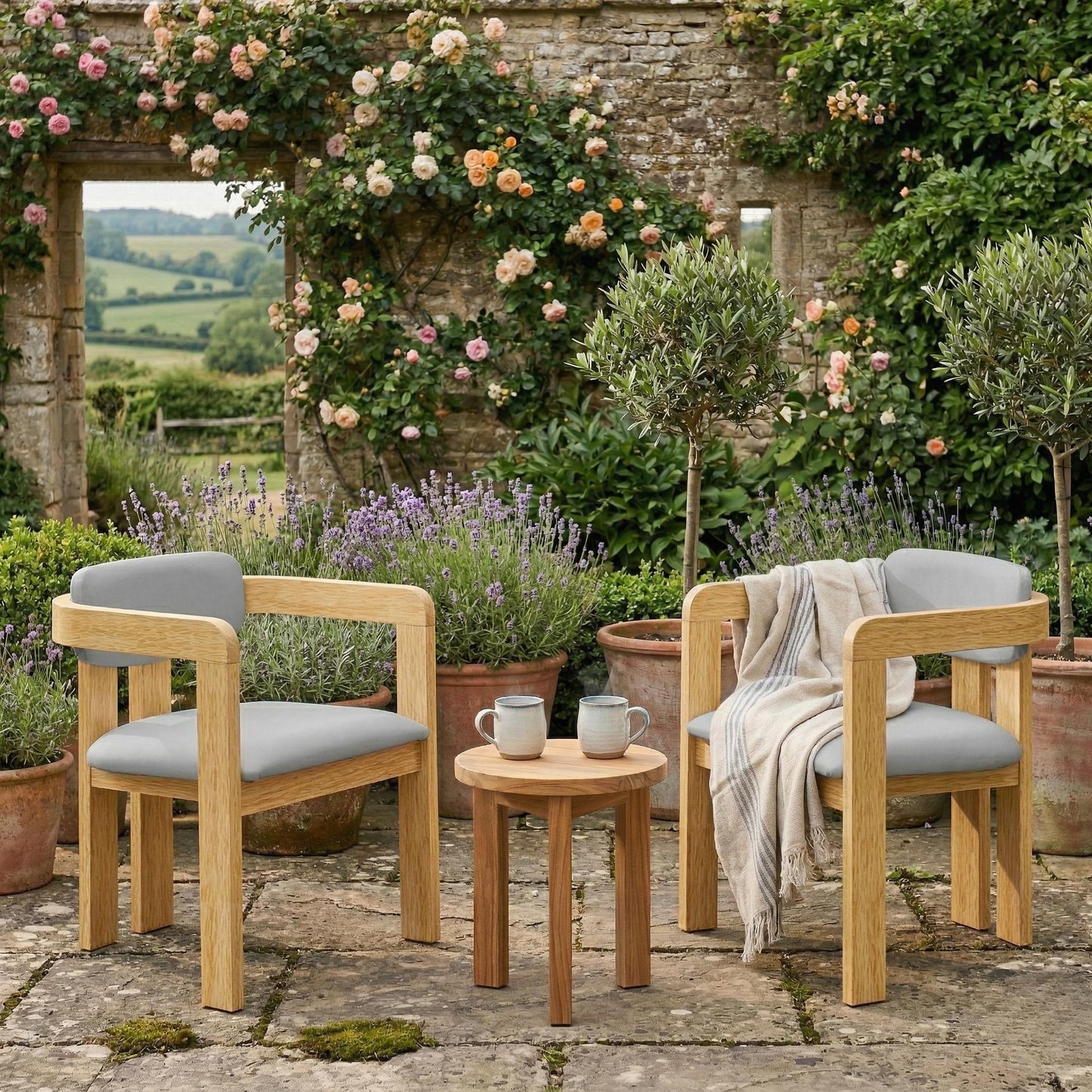 Set of 2 Outdoor Acacia Wood Dining Chairs with Cushions, Modern Solid Wood Armchairs with Weather-Resistant Upholstery for Patio, Garden, Balcony & Backyard,Grey Cushion