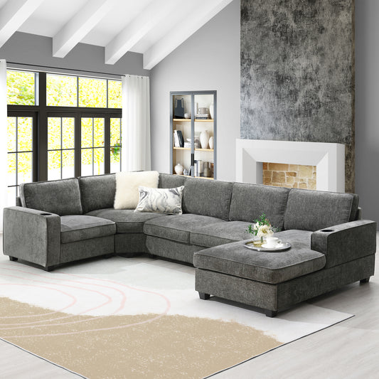 [VIDEO]119' U-Shaped Sectional Sofa, 6 Seat Chenille Corner Couch Set with Cup Holders, Oversized Chaise Lounge, Irregular Corner, Deep and Wide Seat, Comfy Sofa for Living Room&Apartment, 2 Colors