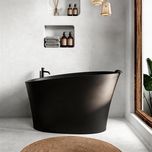 51' Solid Surface Oval Freestanding Black Bathtub with Overflow and Drain Assembly, with Integral Seat and headrest, LTL