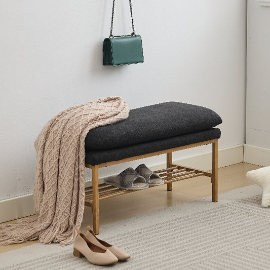 End of Bed Bench with Shelf, Linen Upholstered Storage Shoe Bench, Modern Bedroom Bench with Metal Legs for Living Room, Entryway, Dining Room, 300 LB, Linen Color(Black)