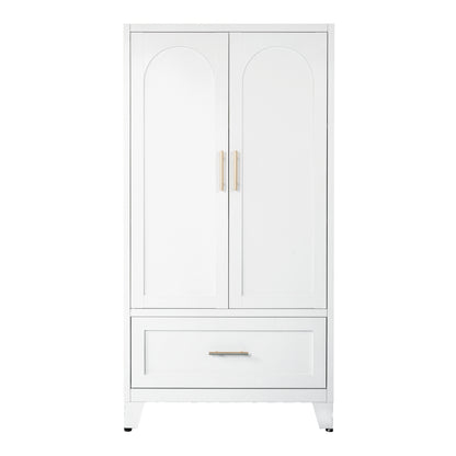60' Tall Metal Wardrobe Cabinet with 1 Drawer and Hanging Rod, 2 Doors Wardrobe Closet with Shelf for Bedroom, Office, Laundry Room, Entryway, Foyer, Guesthouse (White)