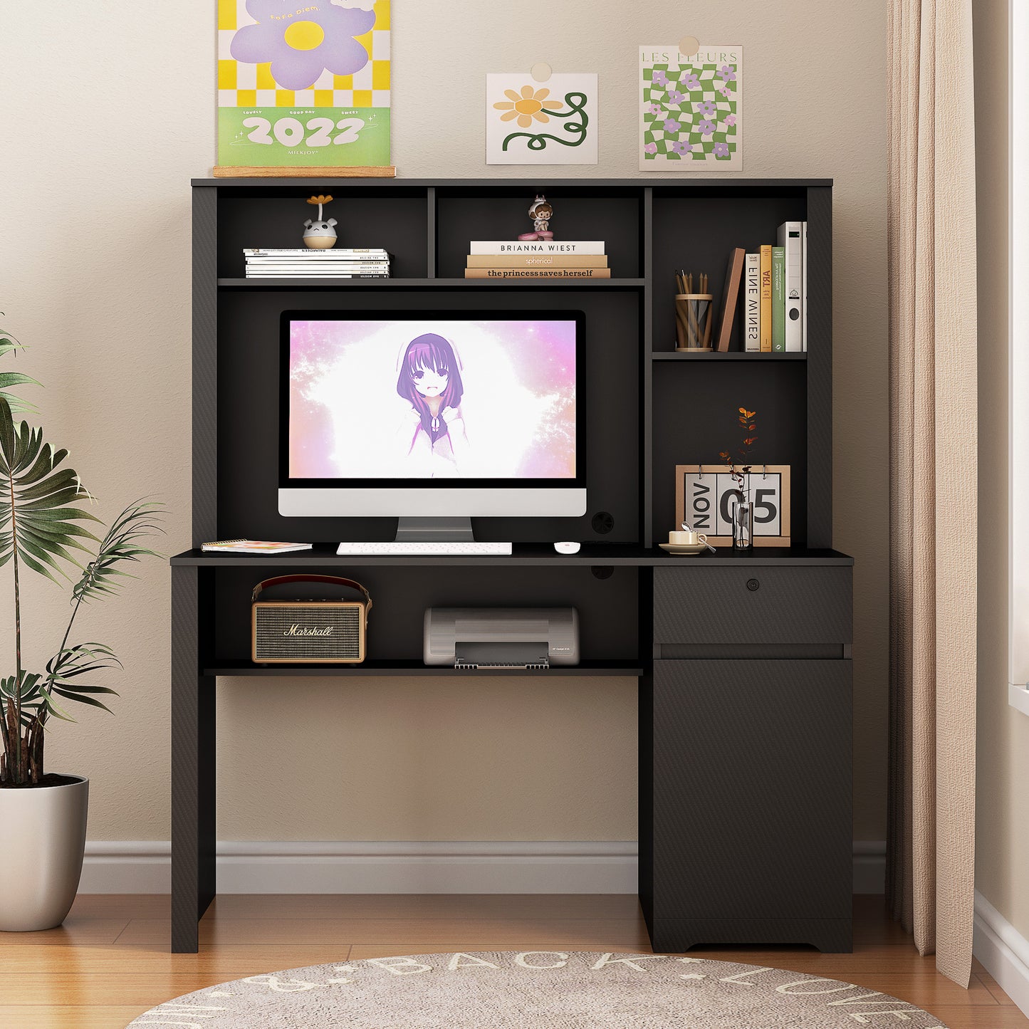 Computer Desk with Hutch & Bookshelf,Wood Executive Desk Teens Student Desk Writing Laptop Home Office Desk with Drawers,3 AC Outlets and 2 USB Charging Ports,Study Laptop Table for Home