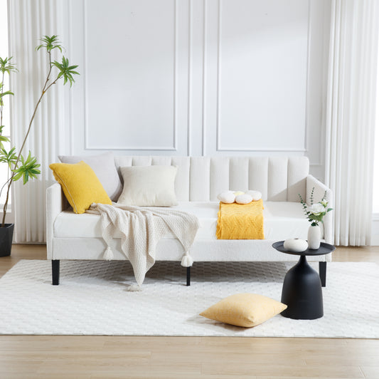 Elena Twin Size Ivory Boucle Upholstered Daybed, Ribbed Tufted Backrest, Daybed in Lavish Modern Design, Richly Hued Foam Comfort