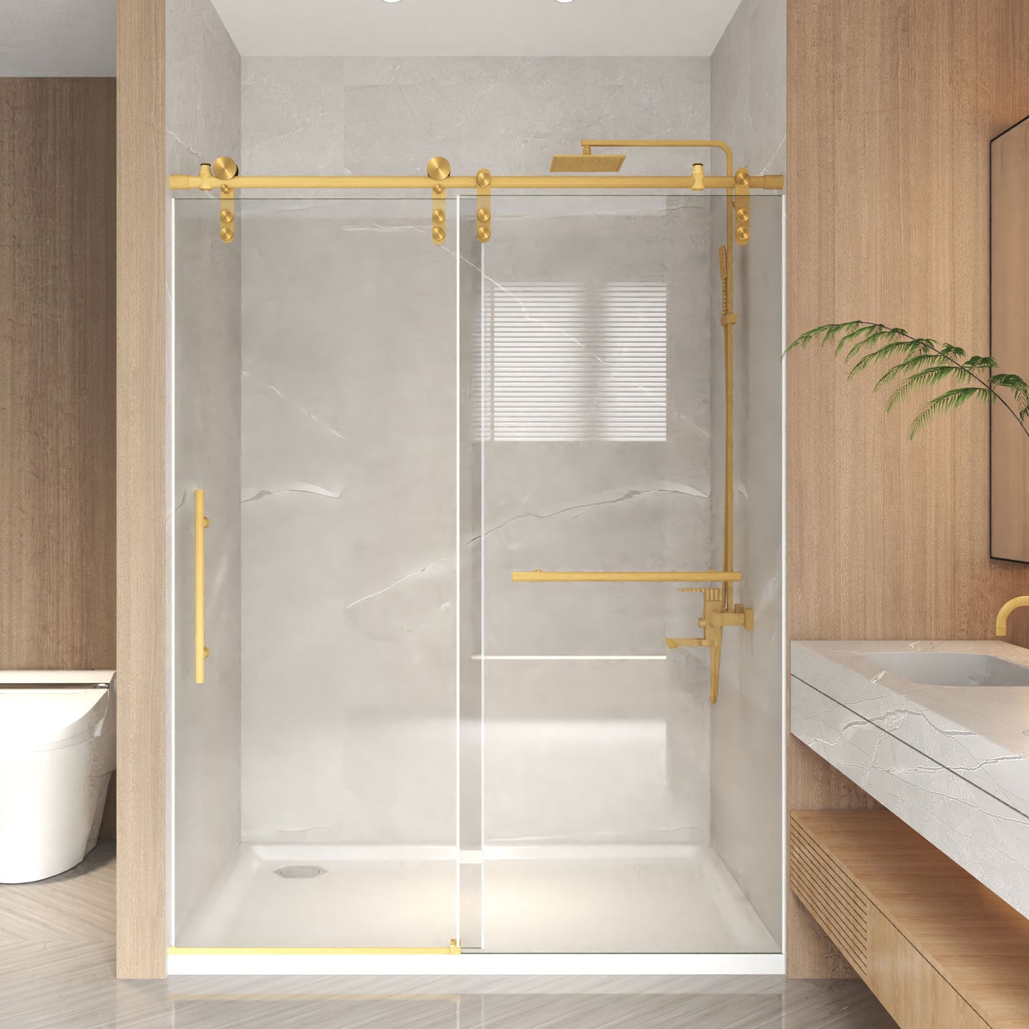 56-60' x 76' H Frameless Sliding Shower Door, 5/16' (8mm) Clear Tempered Glass, Stainless Steel Frame,Brushed Gold